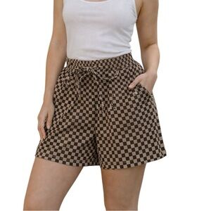 ANNIEWEAR Tan Black Checkered Oversized Drawstring Casual Lounge Shorts Size M